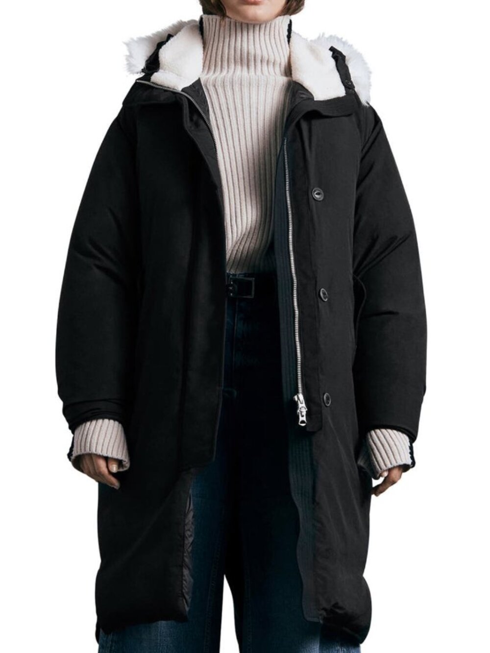 Rag & Bone Rae Women’s Black Hooded Parka Coat with Faux Fur Trim